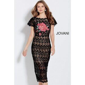 NWT Jovani Black Pink Floral Lace Midi Formal Dress $680